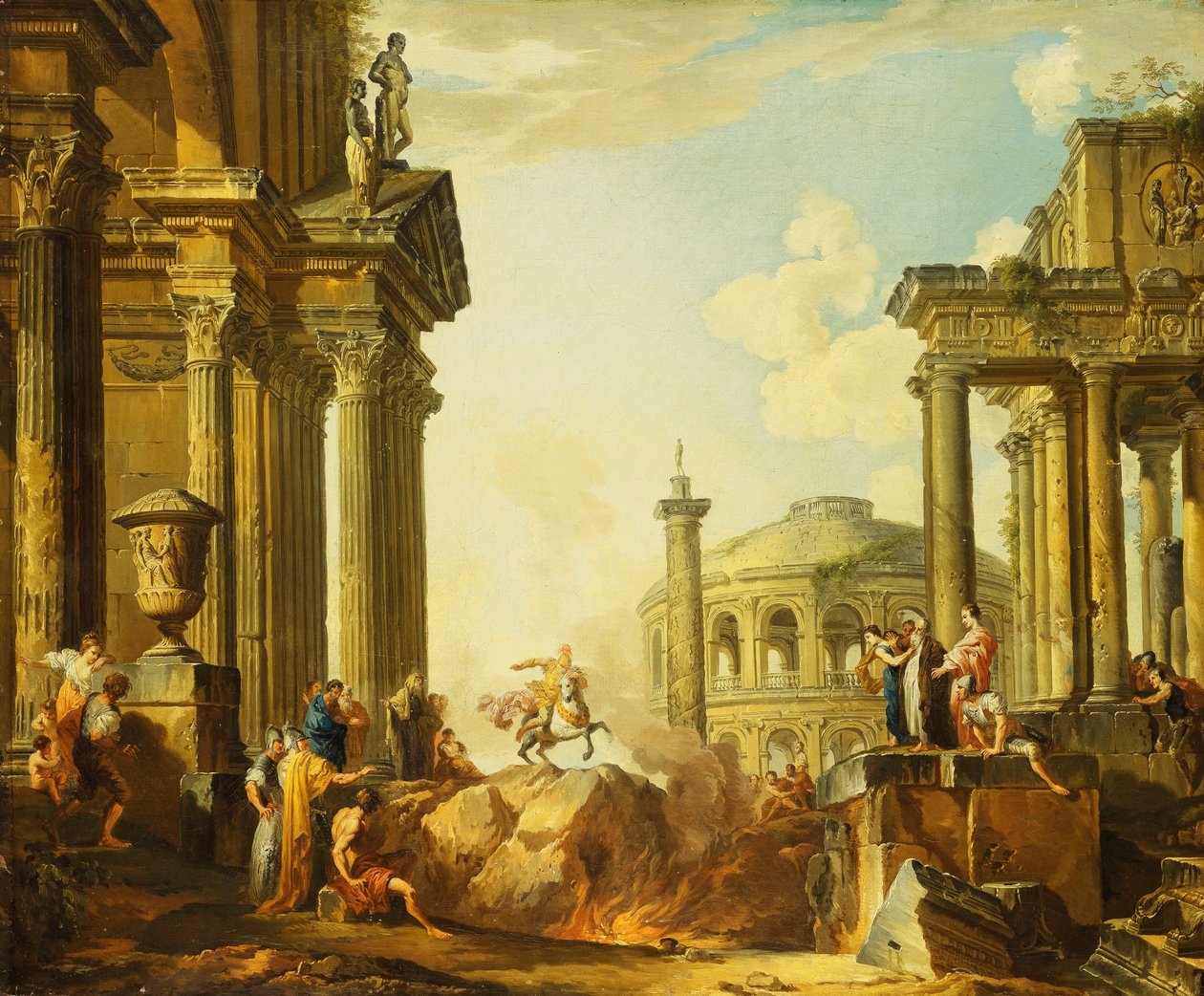Marcus Curtius beugrik a szakadékba, egy Capriccio Traianus oszlopával és más klasszikus épületekkel azon túl, alkotó: Giovanni Paolo Pannini