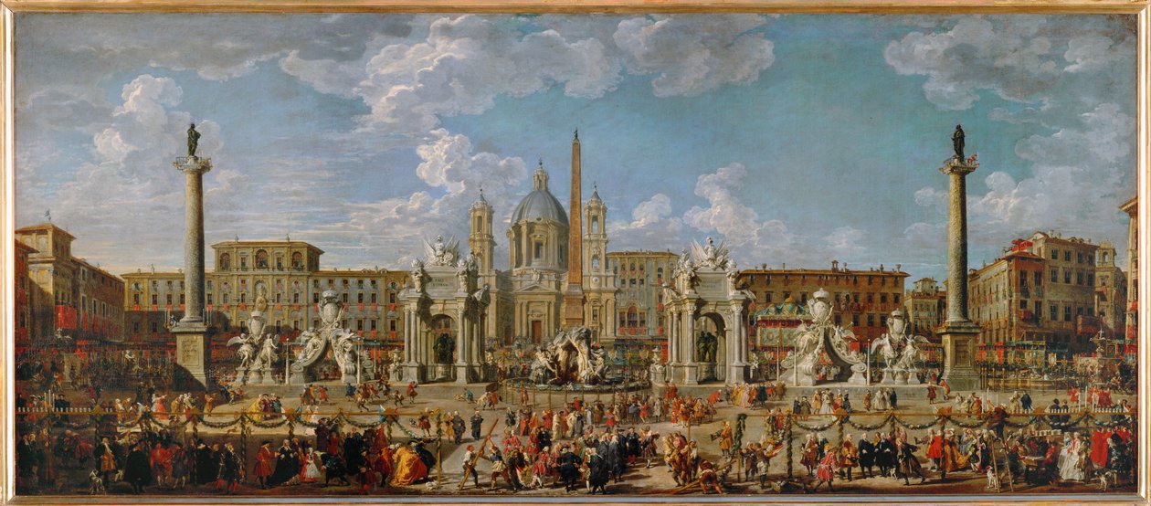 Előkészületek a november 30-i tűzijátékhoz és az ünnepi dekorációhoz a római Piazza Navonán ... alkotó: Giovanni Paolo Pannini or Panini