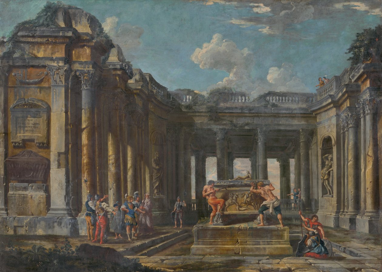 Jelenet a római romokban, 1740 körül alkotó: Giovanni Paolo Pannini