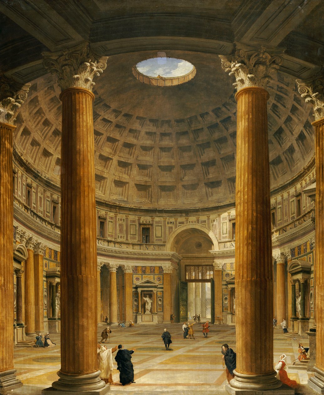 A Pantheon belseje, Róma, északra nézve a főoltártól a bejáratig, 1732 alkotó: Giovanni Paolo Pannini