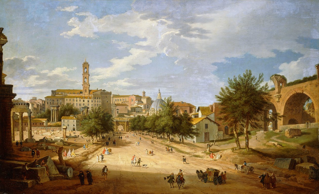 A Forum Romanum és a Campidoglio a Konstantin diadalívéből nézve, 1751 alkotó: Giovanni Paolo Pannini