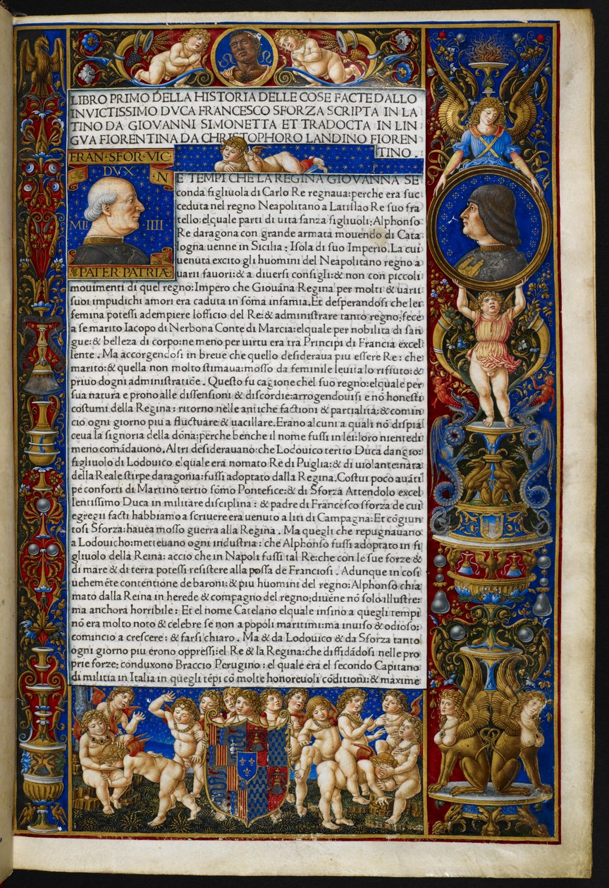Frontispiece, Giovanni Simonetta, Historia delle cose facte dal invictissimo Duke Francesco Sforza [c.d. Sforziades], Milánó, Antonio Zarotto alkotó: Giovanni Pietro Birago