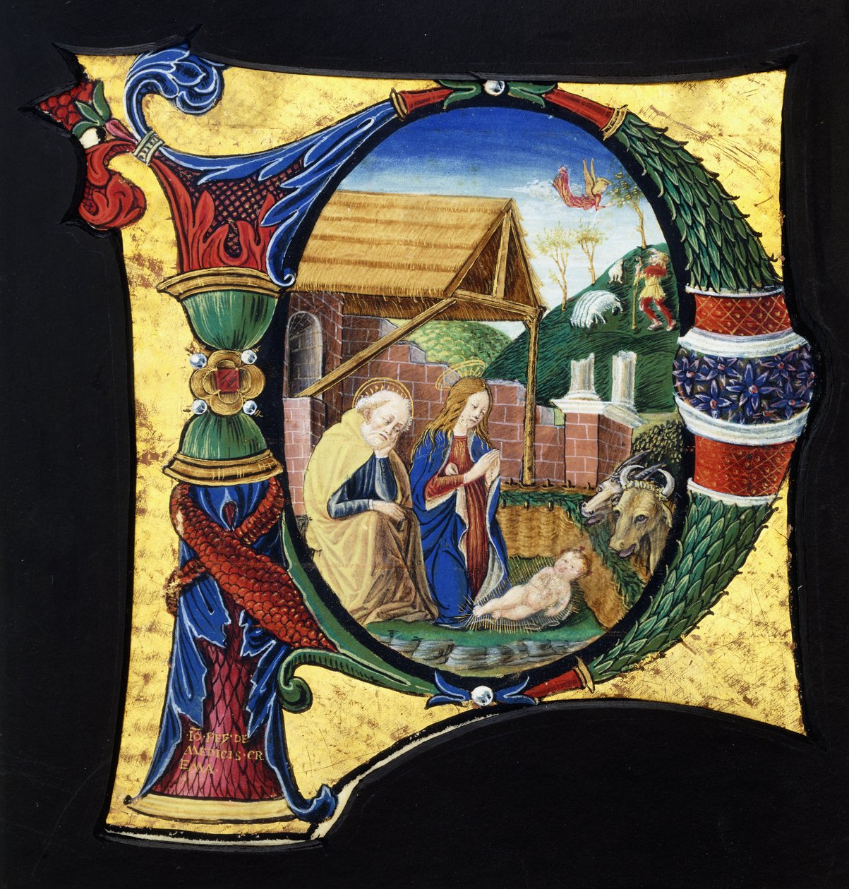 Egy nagy történetírásos "P" kezdőbetű, amely egy betlehemet ábrázol, 1490 körül alkotó: Giovanni Pietro Medici Da Crema