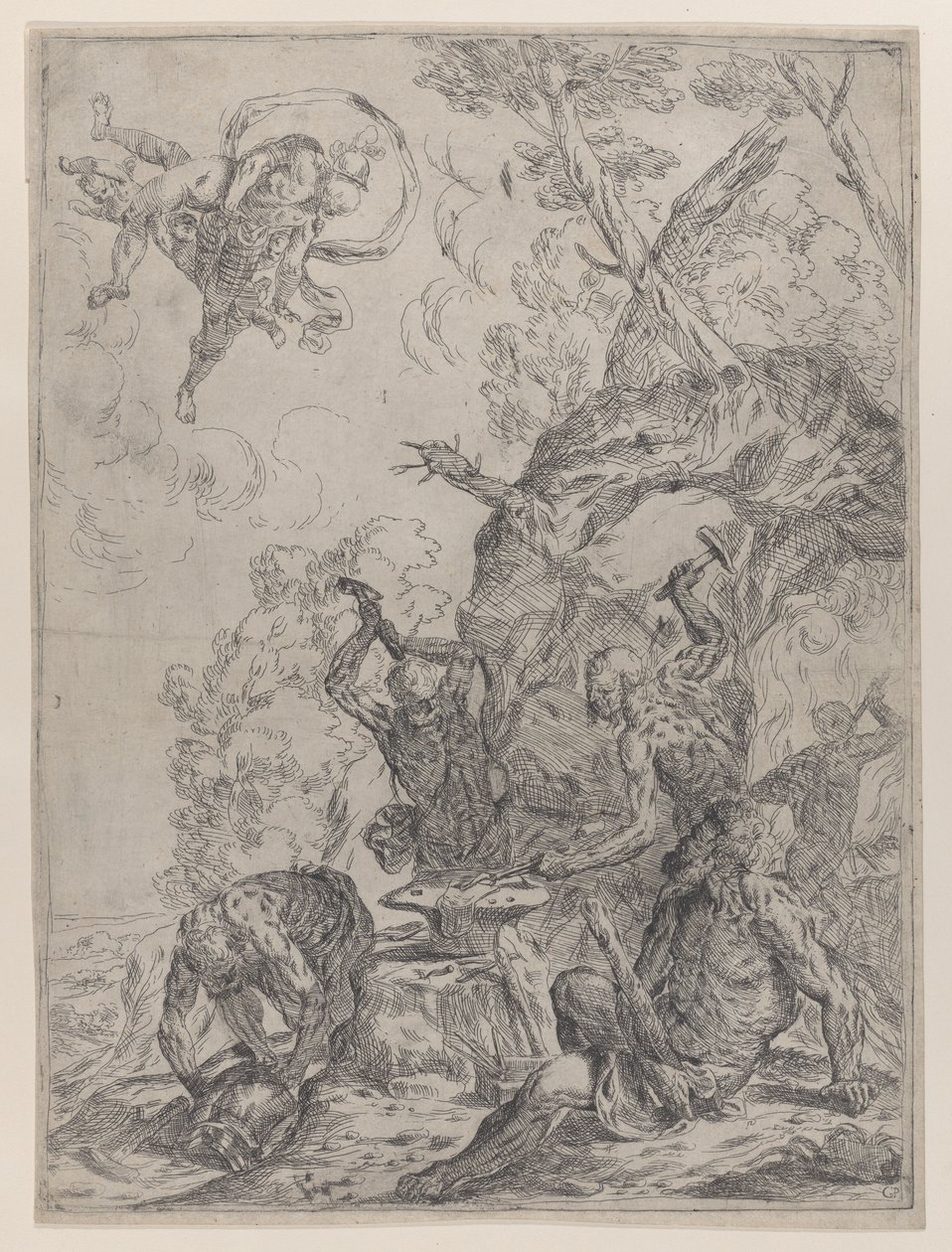 Vulkán kovácsa kalapáccsal üllőt ütő kovácsokkal..., 1640-59. alkotó: Giovanni Pietro Possenti