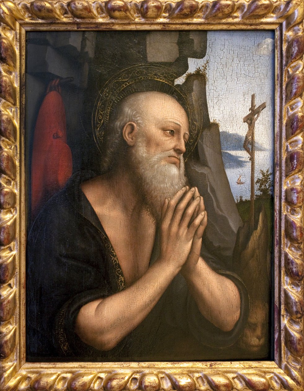 Szent Jeromos bűnbánó. Giovanni Pedrini vagy Giovan Pietro Rizzi vagy Gian Pietro Rizzoli Giampietrino néven ismert festménye (aktív 1495-1549), olaj, fa, olasz művészet, Leonard de Vinci (1452-1519) környezetéből, reneszánsz. Szépművészeti Múzeum d alkotó: Giovanni Pietro Rizzoli Giampietrino