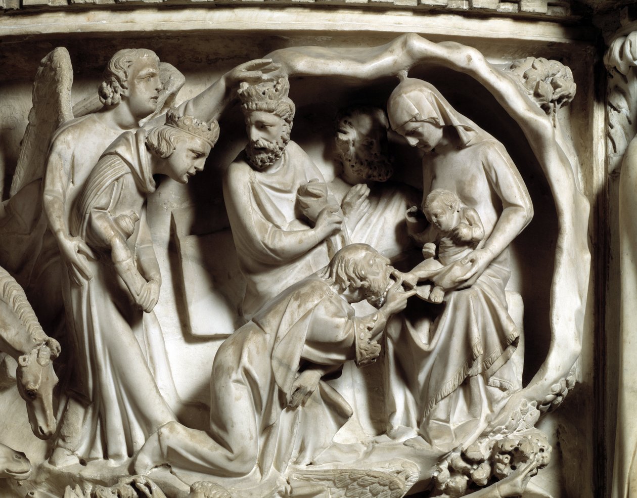 Giovanni Pisano (1248-1314) által készített szék domborműveinek részlete: A márvány szószék domborműveinek részlete, a mágusok imádása 1302-1311 Pisai katedrális (Duomo di Pisa), Olaszország alkotó: Giovanni Pisano