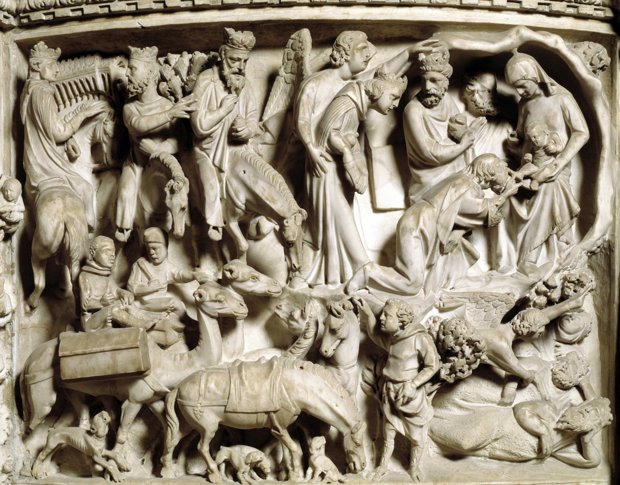 Részlet a Giovanni Pisano (1248-1314) által készített Szék domborműveiről: az utazás és a mágusok imádása (Részlet a márvány szószék domborműveiről, a mágusok utazásáról és imádatáról) 1302-1311 Pisai katedrális (Duomo di Pisa), Olaszország alkotó: Giovanni Pisano