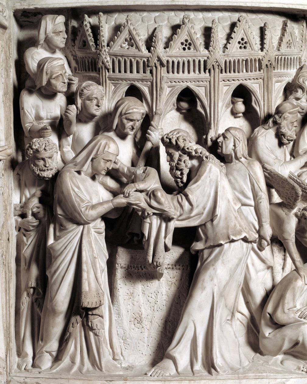 Részlet a Giovanni Pisano (1248-1314) által készített Szék domborműveiről: Jézus bemutatása a templomban (Részlet a márvány szószék domborműveiről) 1302-1311 Pisai katedrális (Duomo di Pisa), Olaszország alkotó: Giovanni Pisano