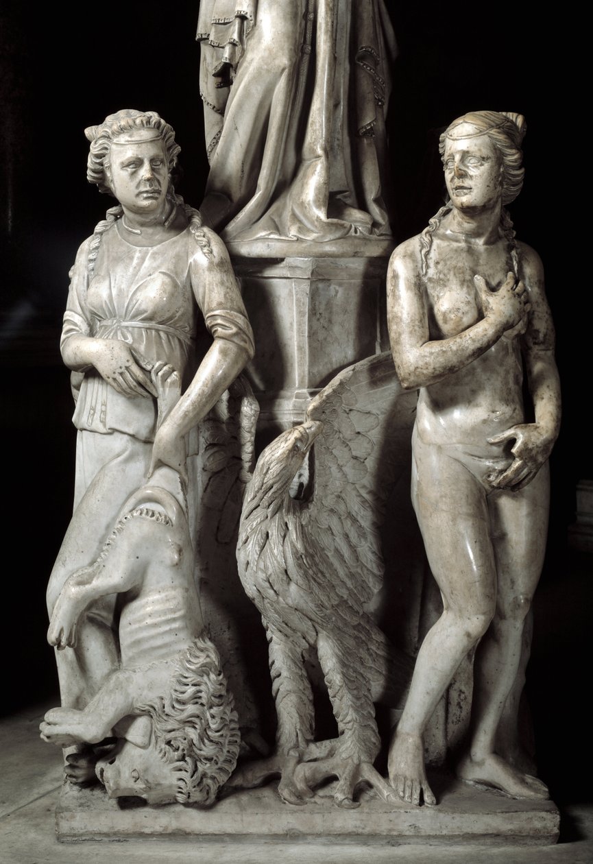 A Giovanni Pisano (1248-1314) által megvalósított Széket támogató szobrok részlete: két kardinális erény (A márvány szószéket alátámasztó szobrok részlete, két kardinális erény) 1302-1311 Cathedrale de Pisa (Duomo di Pisa), Olaszország alkotó: Giovanni Pisano
