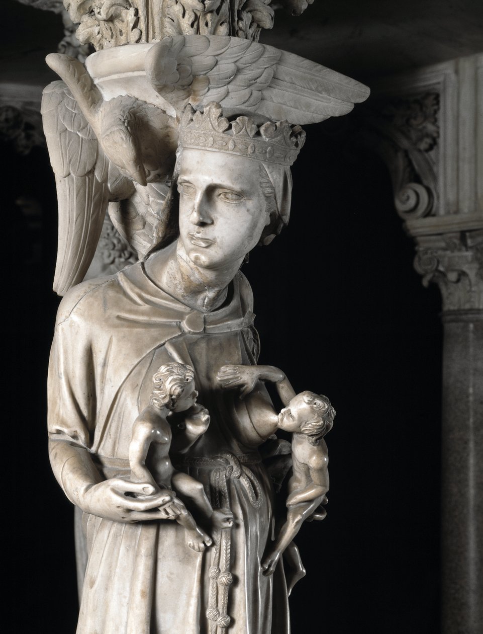 Részlet a Giovanni Pisano (1248-1314) által megvalósított Széket támogató faragott csoportokról: a gyermekeit tápláló egyház (Részlet a márvány szószéket alátámasztó szobrokról, az egyház táplálja gyermekeit) 1302-1311 Cathedrale de Pisa (Duomo di Pis) alkotó: Giovanni Pisano