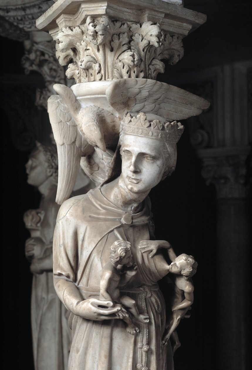 Részlet a Giovanni Pisano (1248-1314) által megvalósított Széket támogató faragott csoportokról: a gyermekeit tápláló egyház (Részlet a márvány szószéket alátámasztó szobrokról, az egyház táplálja gyermekeit) 1302-1311 Cathedrale de Pisa (Duomo di Pis) alkotó: Giovanni Pisano