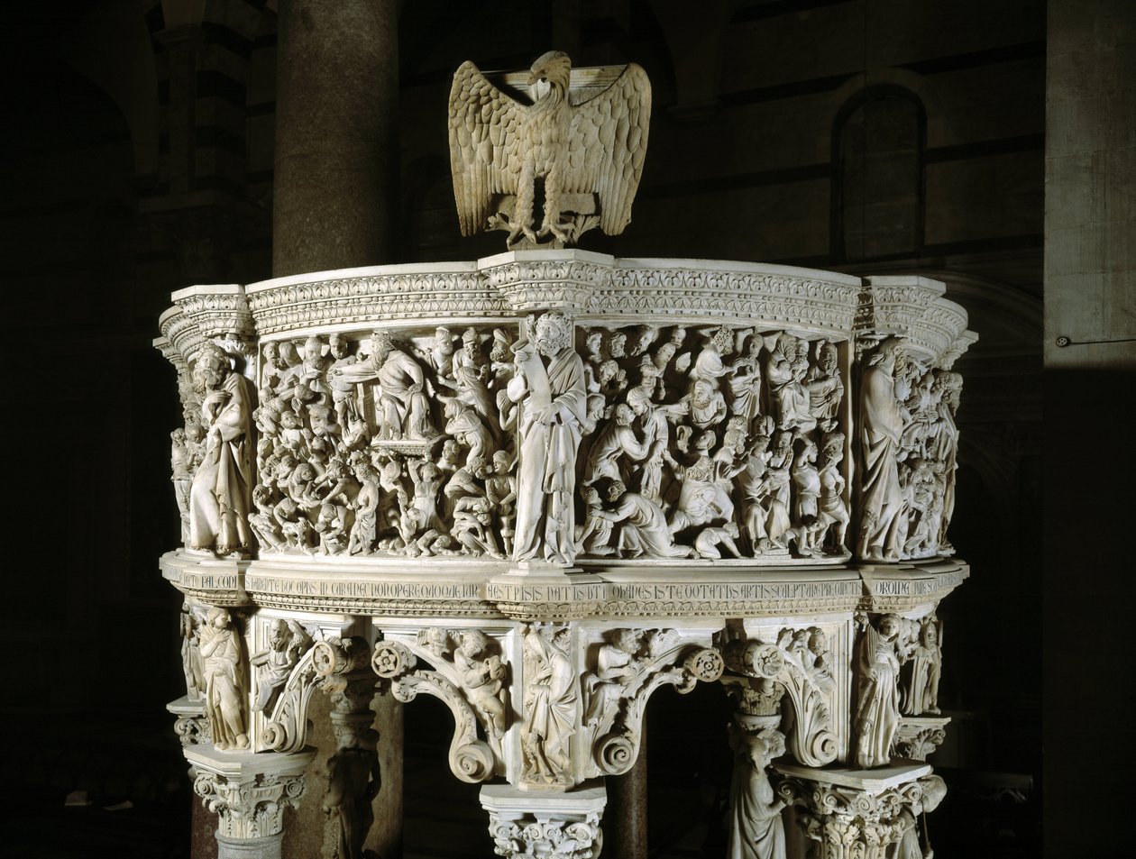 Giovanni Pisano (1248-1314) által készített szék felső részének áttekintése (A márvány szószék domborműveinek részlete) 1302-1311 Cathedrale de Pisa (Duomo di Pisa), Olaszország alkotó: Giovanni Pisano