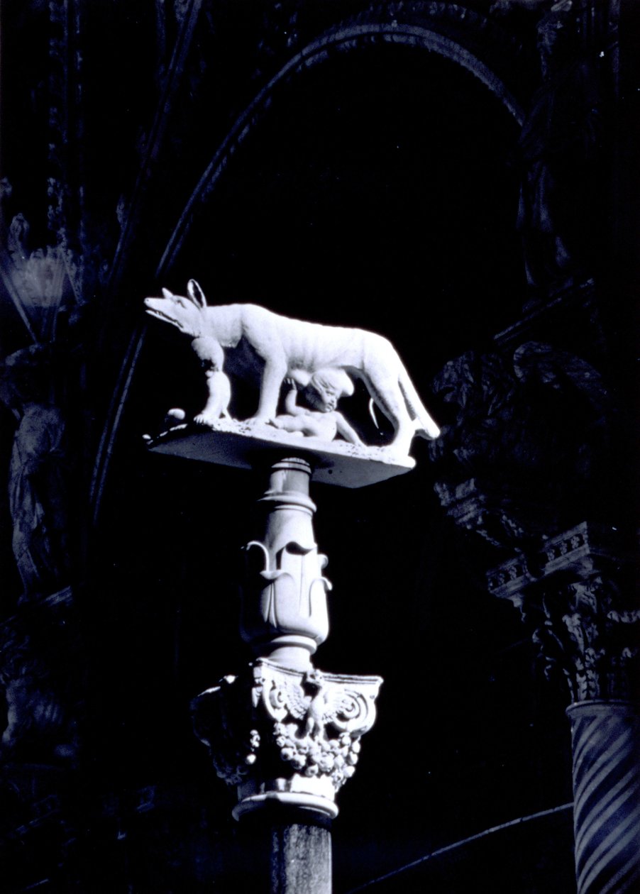A sienai farkas, Romulus és Remus ikrekkel, a Piazza del Duomo homlokzata (márvány) alkotó: Giovanni Pisano