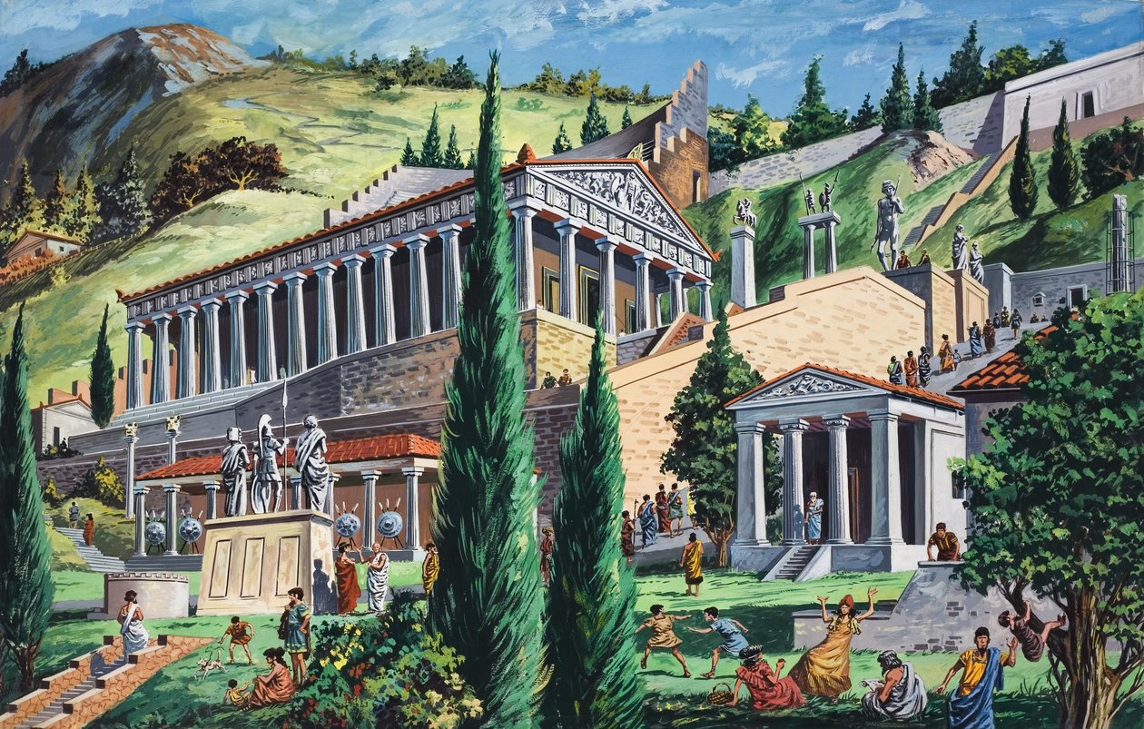A delphoi Apolló-templom (gouache, papír) alkotó: Giovanni Ruggero
