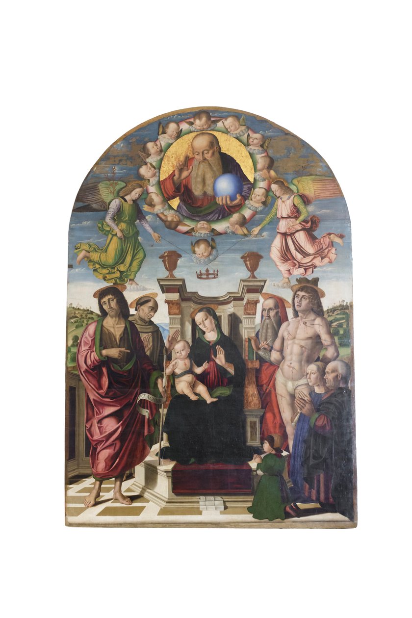 Madonna és gyermeke szentekkel trónolva alkotó: Giovanni Santi