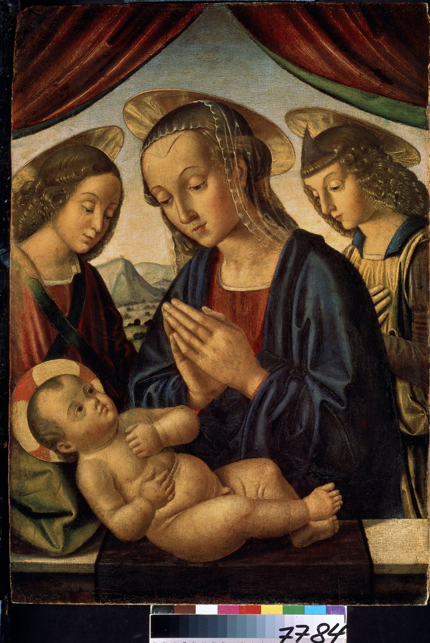 A Szűz és a Gyermek angyalokkal (Szűz és gyermek angyalokkal). Jézus Krisztus glóriáját kereszt jelzi. Giovanni di Sante di Pietro vagy Giovanni Santi vagy Sanzio festménye (1435-1494 körül). Tempera fa, 62 x 44 cm alkotó: Giovanni Santi or Sanzio