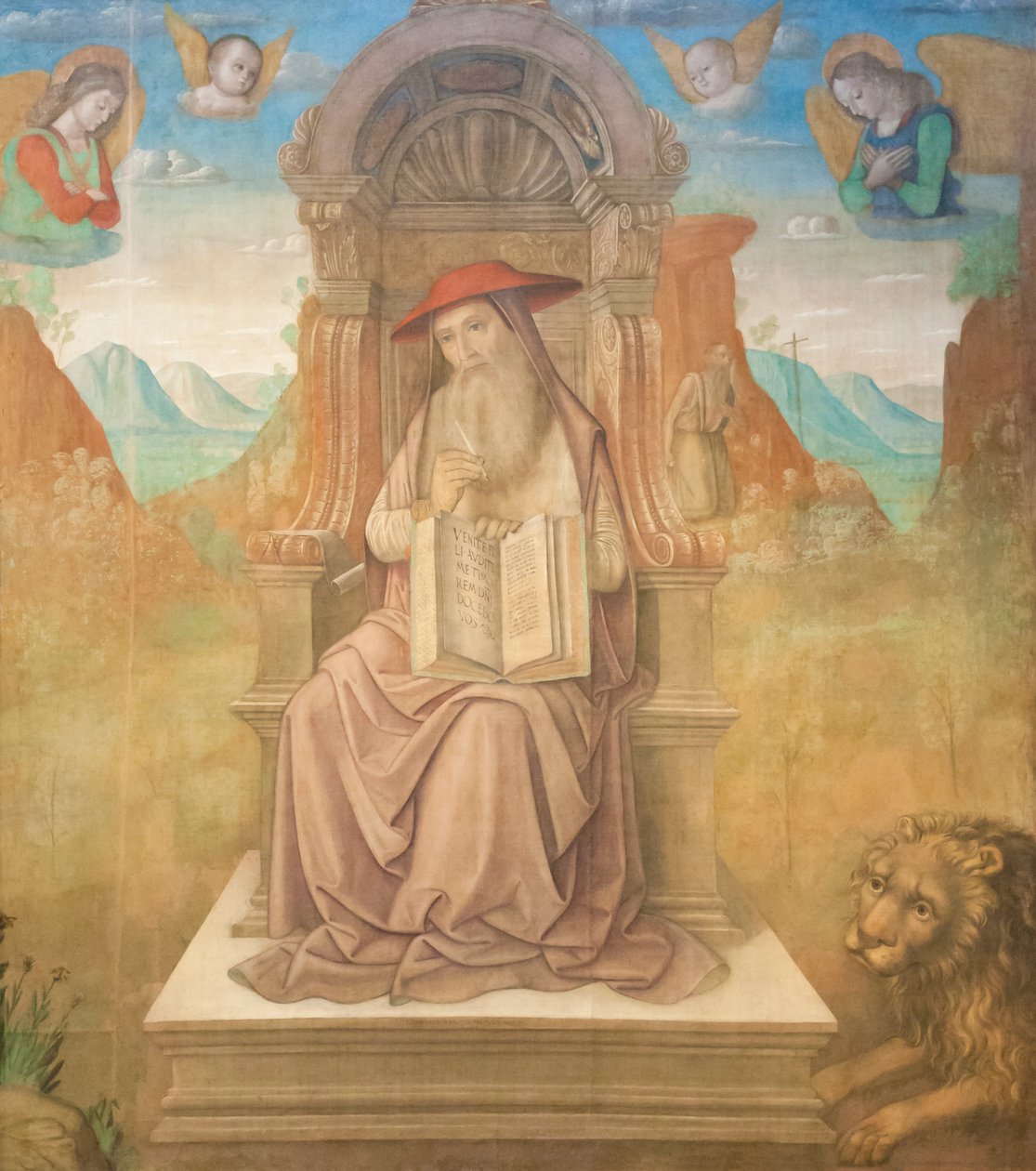 Saint Jerome Enthroned (tempera a panelen) alkotó: Giovanni Santi or Sanzio