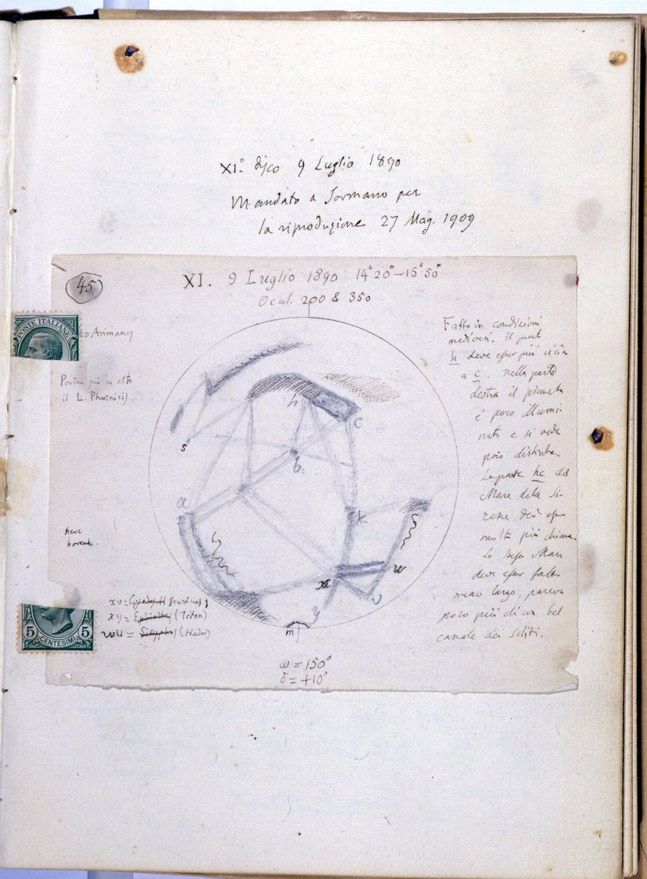 Giovanni Virginio Schiaparelli (1835-1910) olasz csillagász tanulmánykötete, aki a Mars bolygó marsi csatornáit (canali) figyelte meg. Ennek a jegyzetfüzetnek a dátuma: 1890.09.07. alkotó: Giovanni Schiaparelli