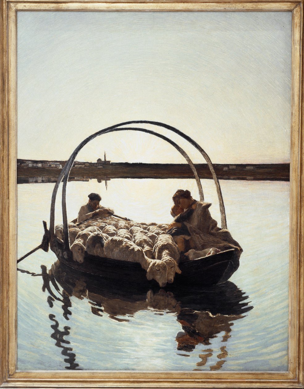 Ave Maria: Egy anya, aki magához tartja gyermekét egy báránycsordával egy folyón átkelő kompon alkotó: Giovanni Segantini