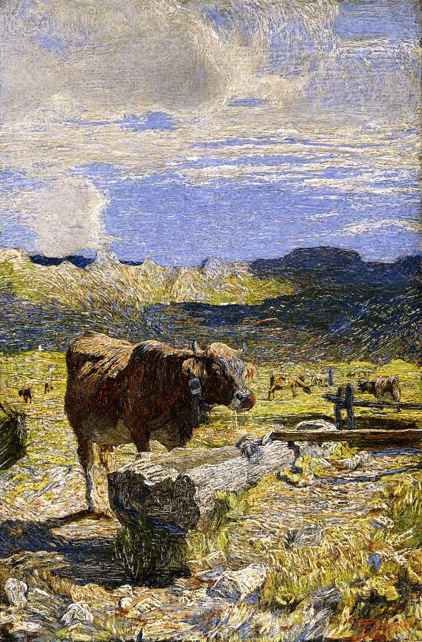 Barna tehén egy vályúból iszik, 1892 alkotó: Giovanni Segantini