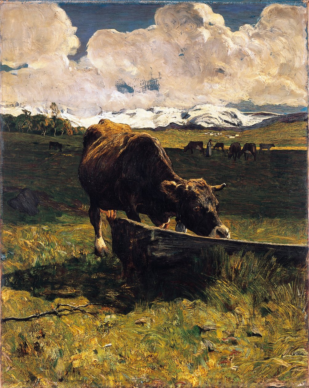 Barna tehén vályúnál, Giovanni Segantini (1858-1899), olaj, vászon, 88x69 cm alkotó: Giovanni Segantini