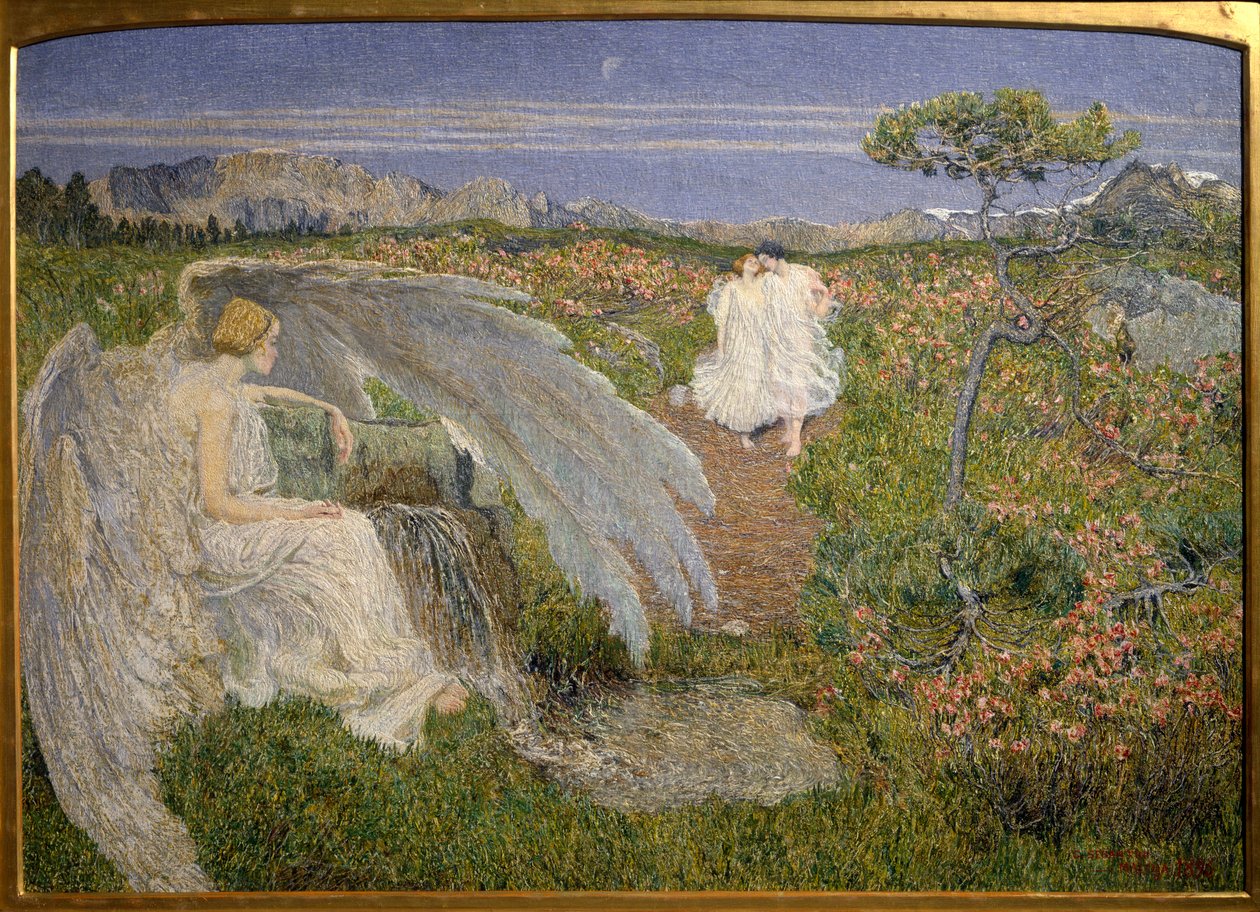 Az élet szerelemforrása: egy angyal, aki egy pár sétát néz egy álomszerű tájon alkotó: Giovanni Segantini