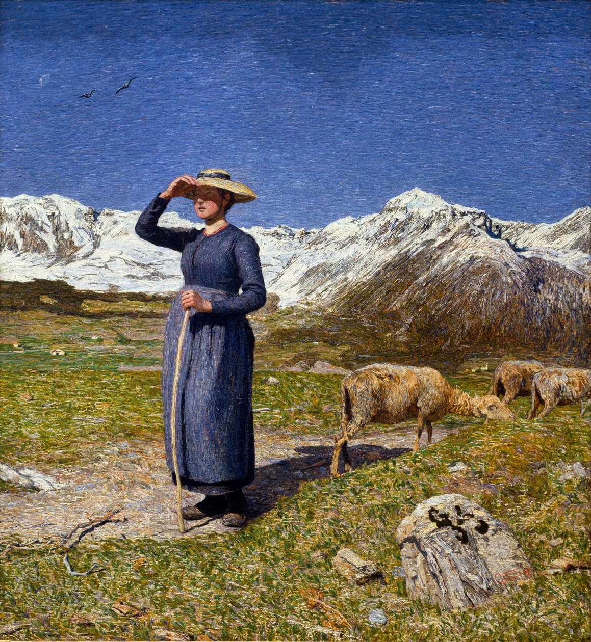 Délben az Alpokban Egy bergere védi a szemét a naptól. Giovanni Segantini (1858-1899) festménye 1891 V. 7,5x71,57 cm Collection O. Fischebacher alkotó: Giovanni Segantini