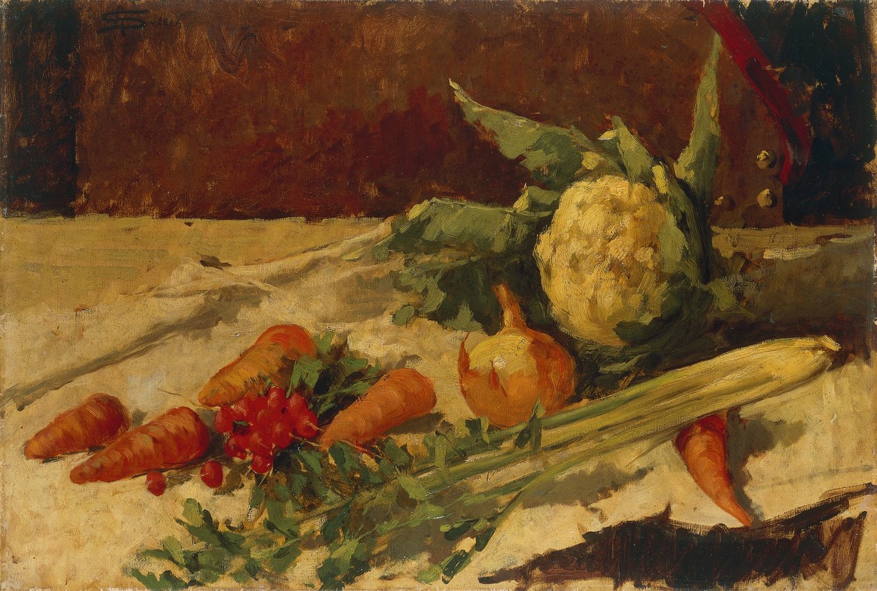 Csendélet sárgarépával, Giovanni Segantini (1858-1899), olaj, vászon, 51x75 cm alkotó: Giovanni Segantini