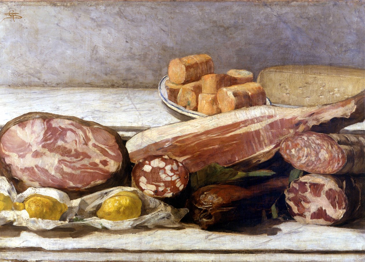 A színek öröme, a felvágottak csendélete. Giovanni Segantini (1858-1899) festménye. 1886. Milánó, al. privee. alkotó: Giovanni Segantini