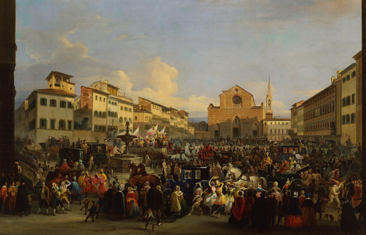 Piazza Santa Croce Firenzében a karnevál idején alkotó: Giovanni Signorini