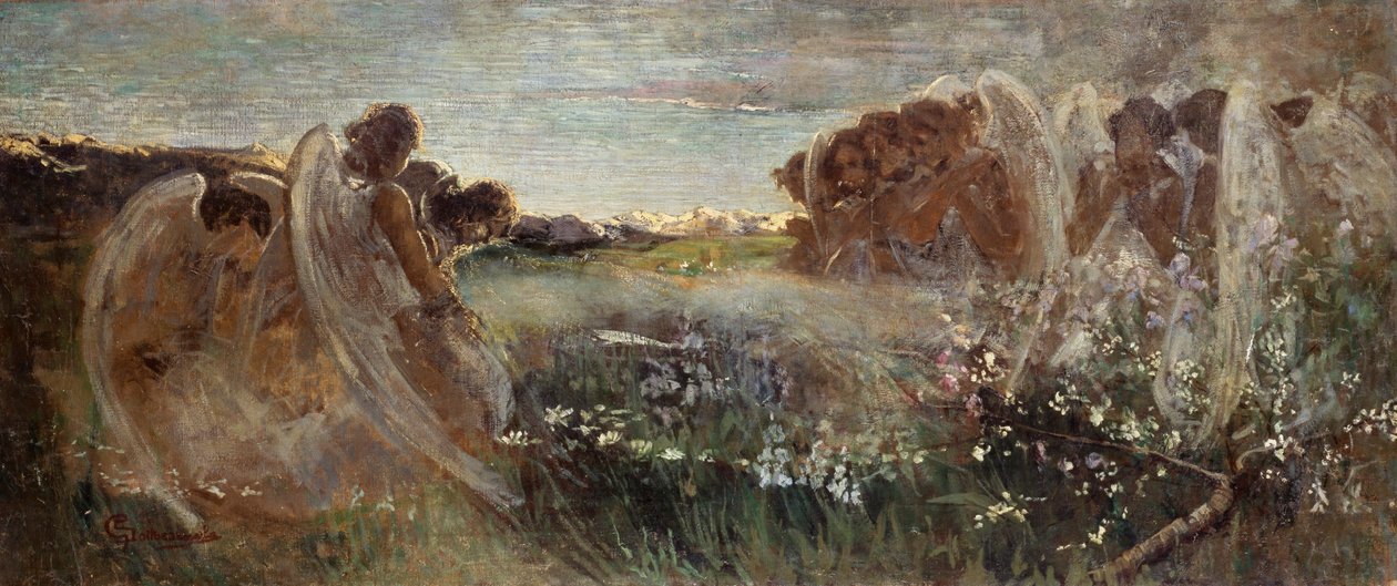 Az angyalok imája, Giovanni Sottocornola (1855-1917), olaj, vászon, 54x128,5 cm alkotó: Giovanni Sottocornola