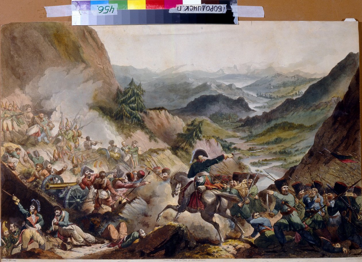 Pierre de Bagration herceg (1765-1812) vezette a kozákokat az Alpok megtámadására. (Piotr Ivanovics Bagration herceg vezeti a kozákokat az Alpok támadásához). Az orosz hőst a második olasz hadjárat (1799-1800) során írják le alkotó: Giovanni Vendramini