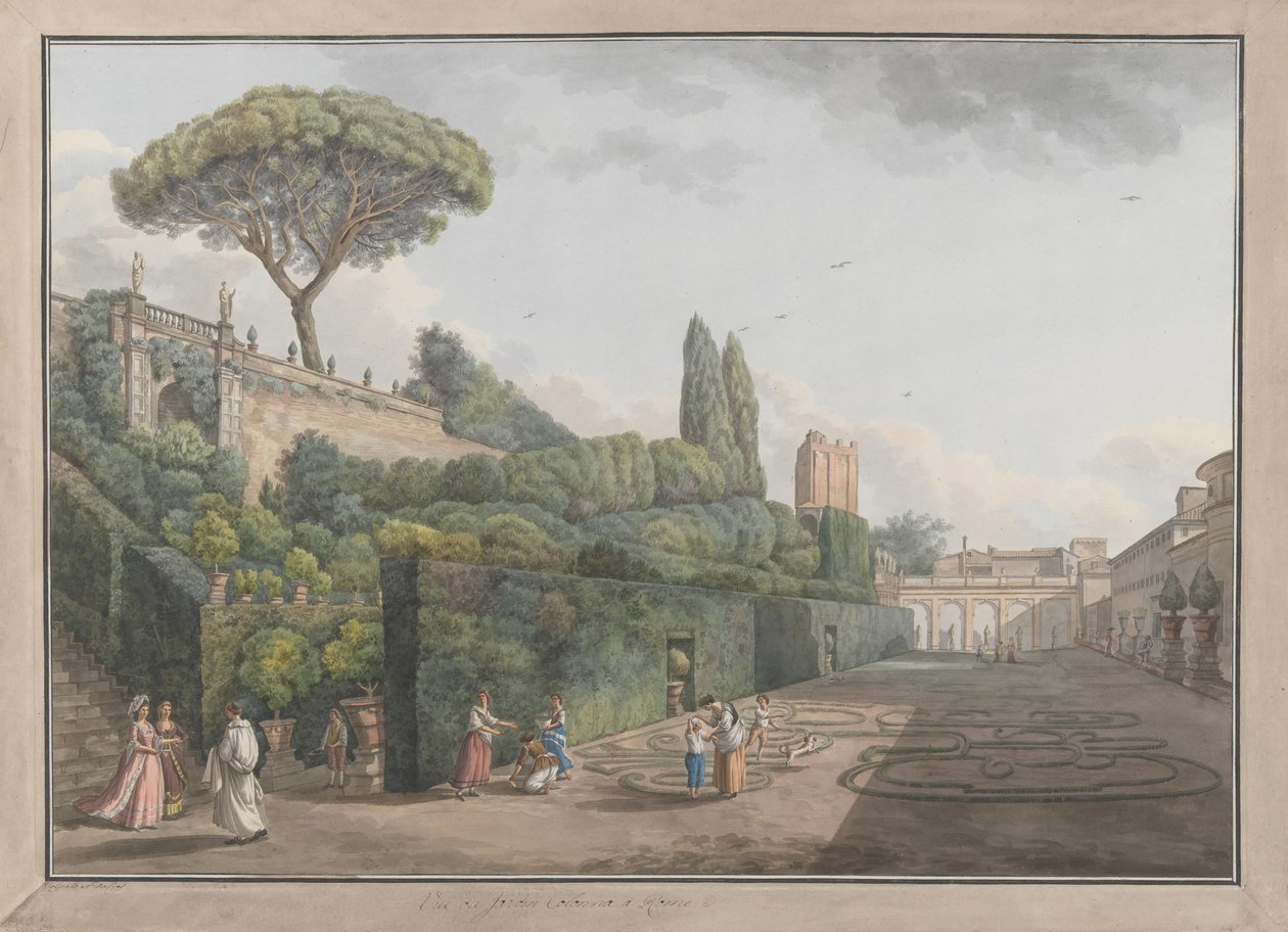 A Palazzo Colonna kertje, kb. 1780. Alkotók: Giovanni Volpato, Louis Ducros. alkotó: Giovanni Volpato, Louis Ducros