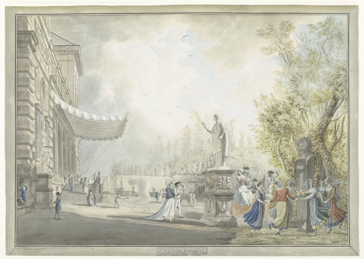 Kilátás a Villa Borghese Pincianára és a Villa Borghese kertekre Rómában La ville Borghese (cím a tárgyon) Kilátás Rómára és környékére (sorozat címe) alkotó: Giovanni Volpato