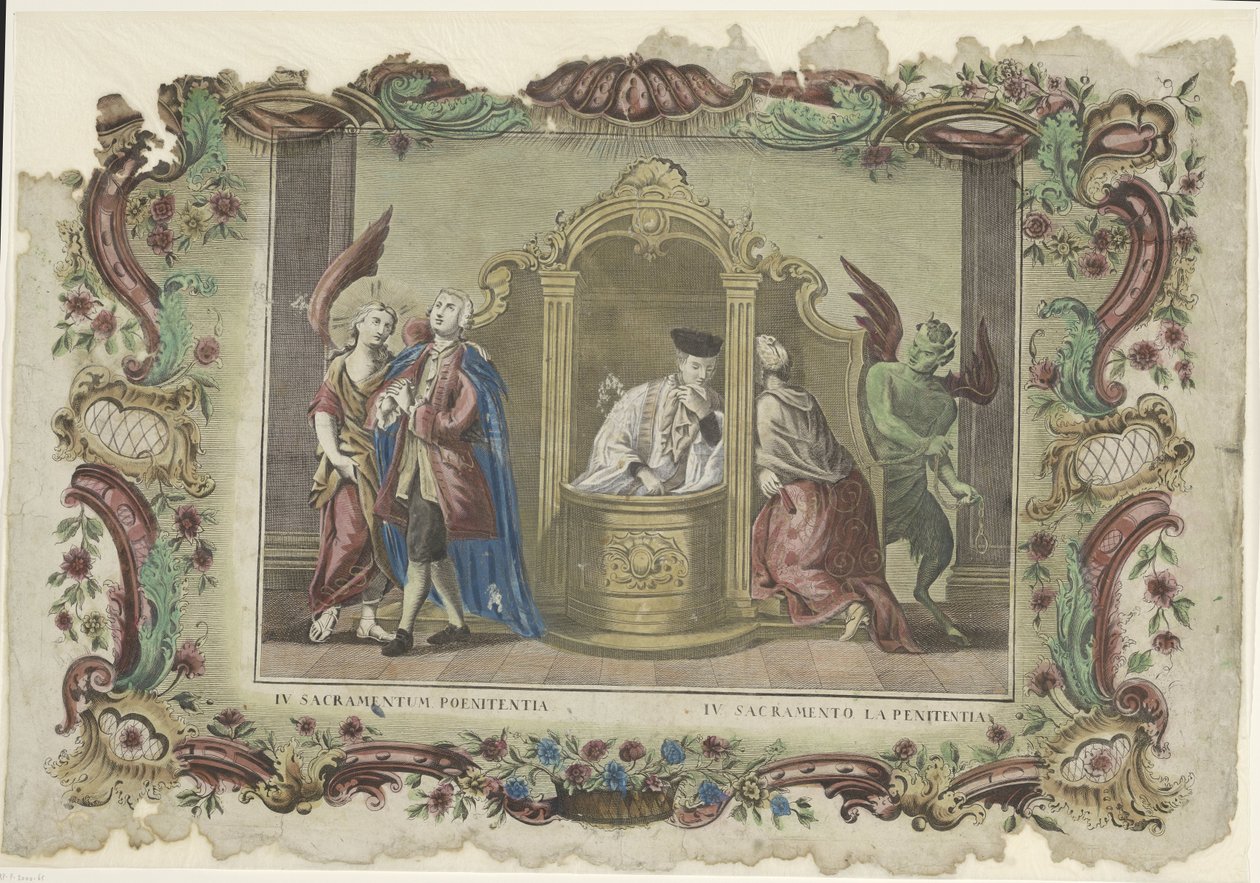 Het sacrament van de biecht IV. A bűnbánat szentsége / IV. Bűnbánat szentsége (cím a tárgyon) A hét szentség (sorozat címe) alkotó: Giovanni Volpato