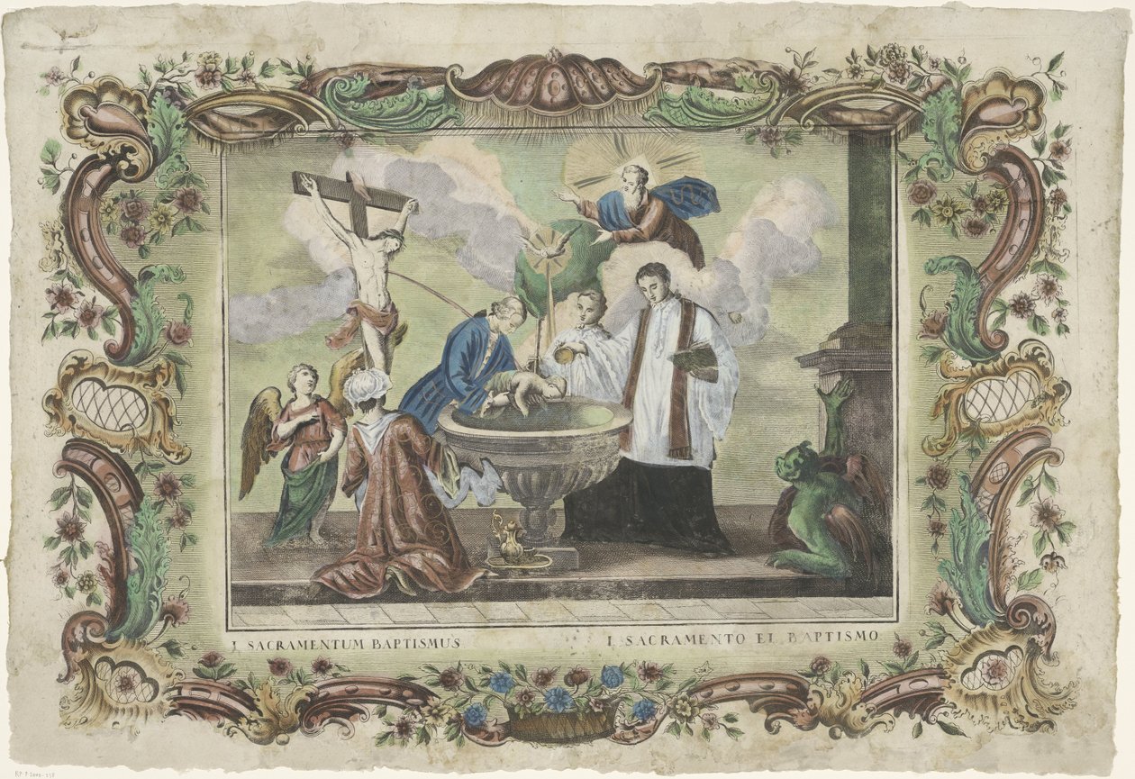 A keresztség szentsége I. sacramentum baptismus / I. sacramento el baptismo (cím a tárgyon) A hét szentség (sorozat címe) alkotó: Giovanni Volpato