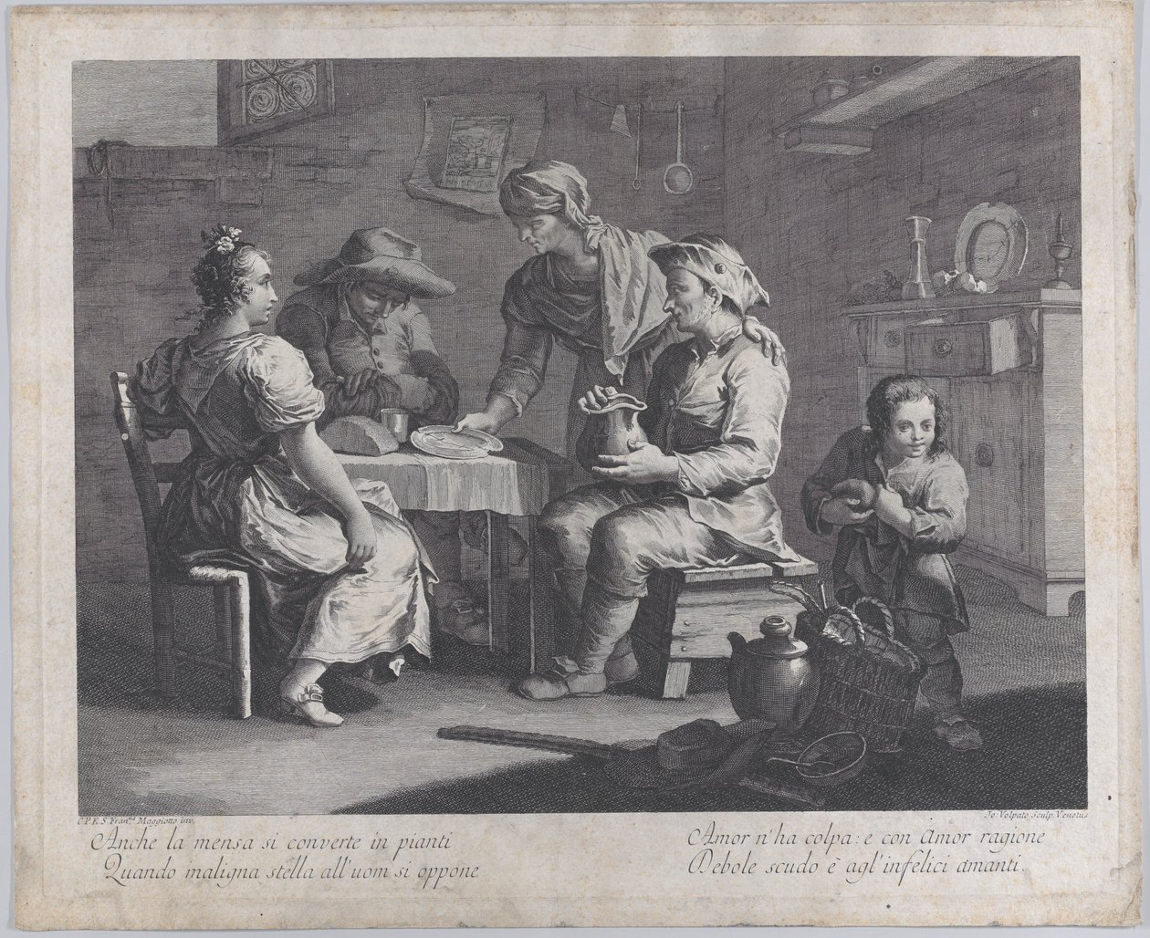 Három ember ül a bal oldalon egy asztal körül, miközben egy férfi üres tányért hoz..., 1760-70. alkotó: Giovanni Volpato