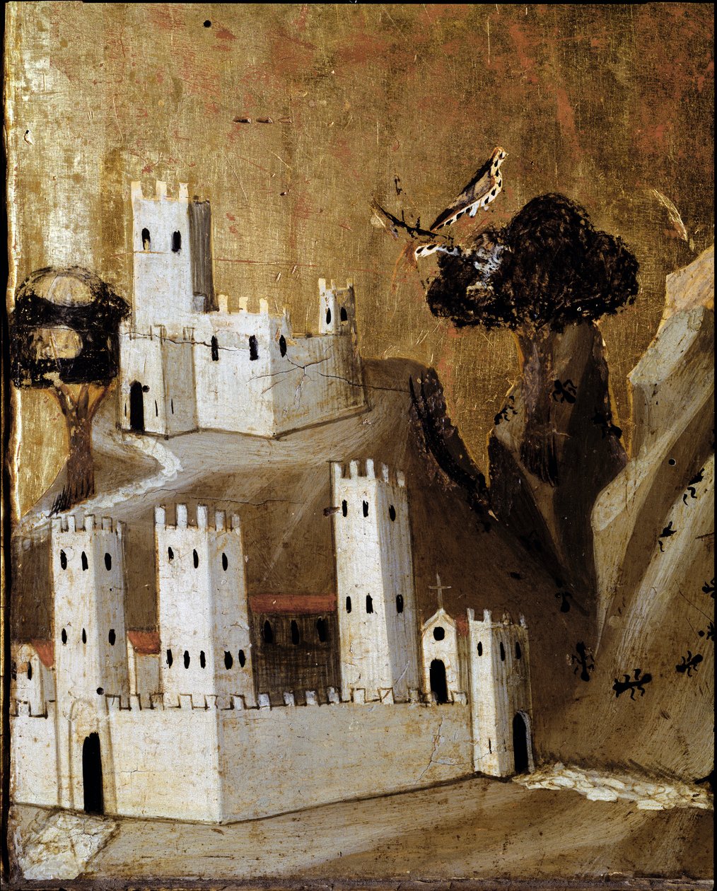 Rinuccini oltárkép: Szűz és gyermek a szentekkel - A várost ábrázoló predelle részlete - tempera a táblán alkotó: Giovanni da Milano