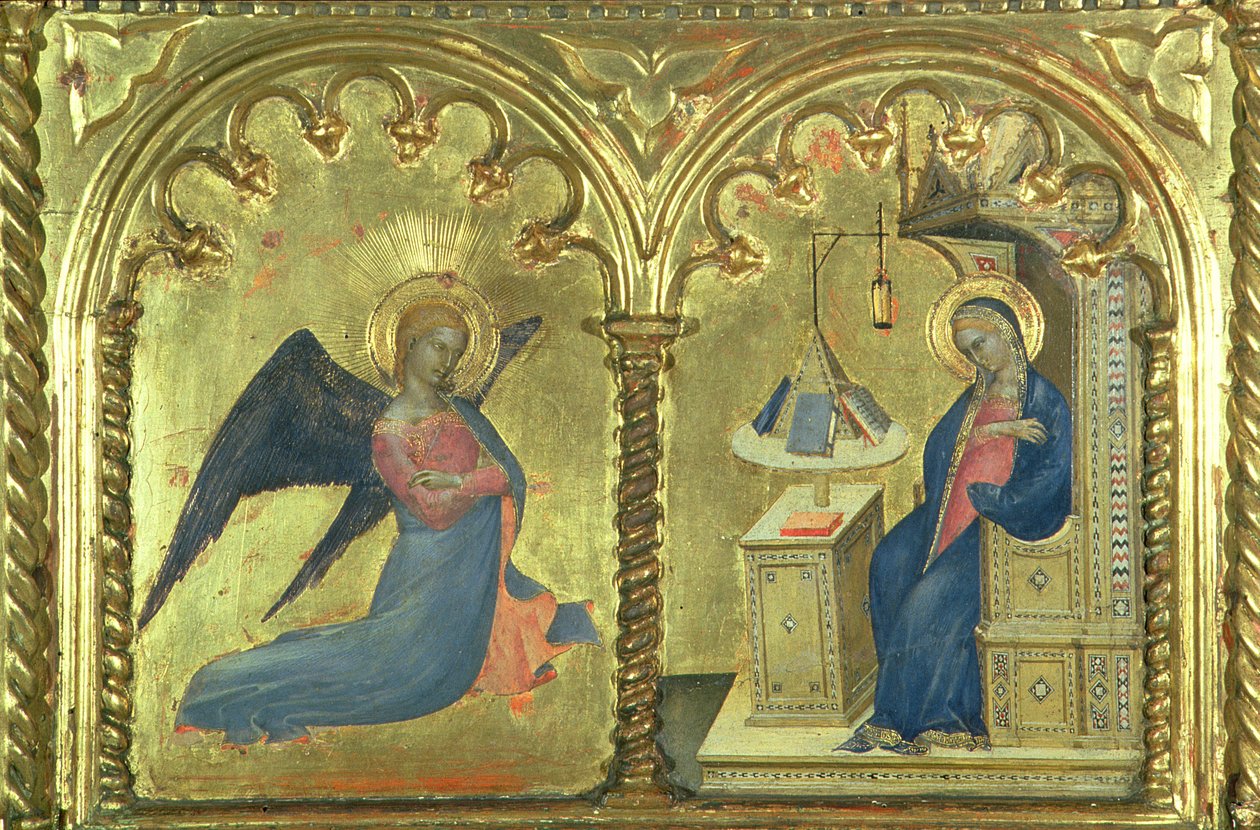 Az Angyali üdvözlet, részlet a szentek életét ábrázoló politichonról, a Salone del II zongorából, 1353-63 alkotó: Giovanni da Milano