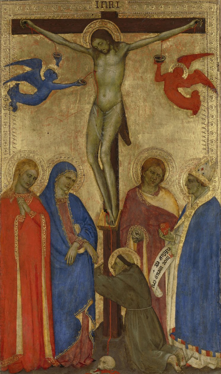 A keresztre feszítés Krisztus a kereszten a HH-val. Ferenc, Mária Magdolna, Mária, János és Antiochiai Ignác alkotó: Giovanni da Milano