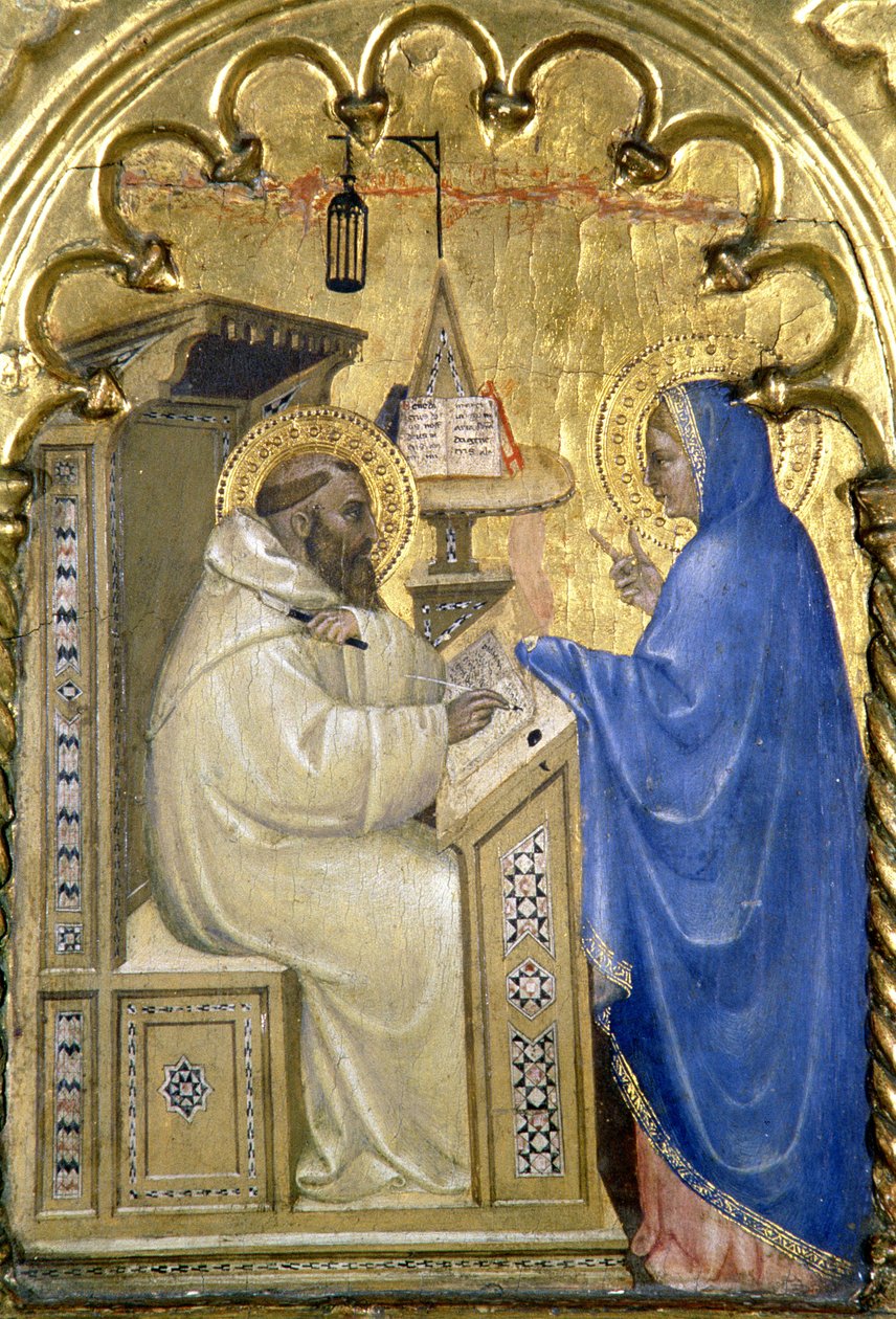 Szent Bernátnak megjelenő Szűz, részlet a szentek életét ábrázoló politichonról, a Salone del II zongorából, 1353-63 alkotó: Giovanni da Milano