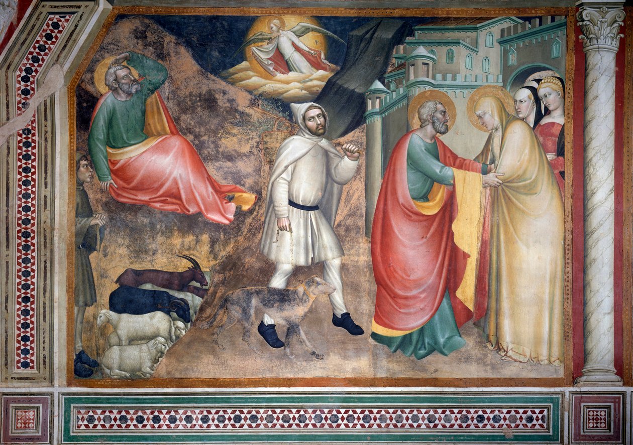 A Szűz élete: Angyali üdvözlet Joachimnak és találkozás Szent Annával az aranykapunál (Freskó alkotó: Giovanni da Milano