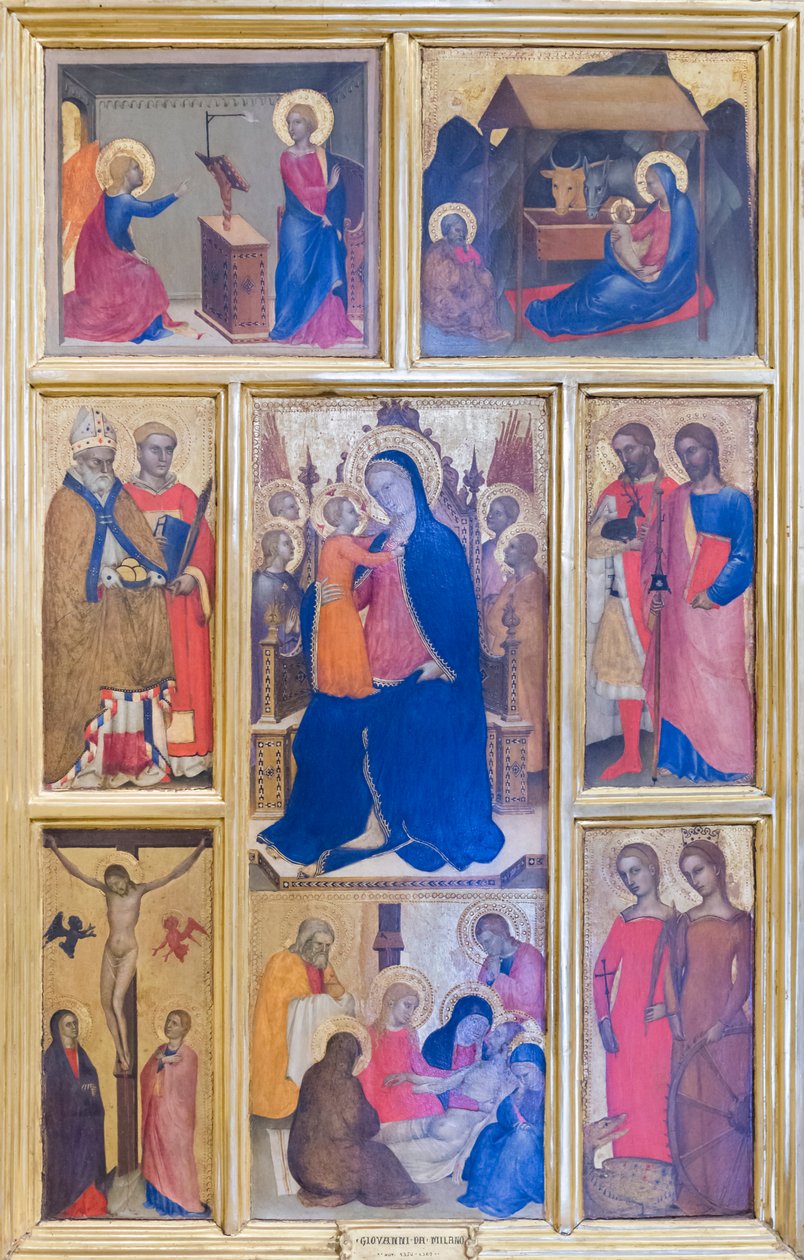 Szűz Mária és gyermeke szentekkel és jelenetekkel Krisztus életéből alkotó: Giovanni da Milano