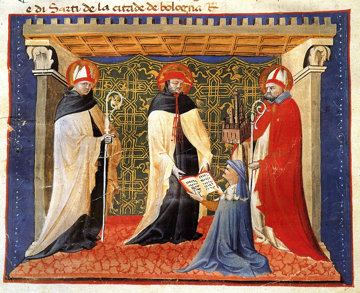 Giovanni da Modena miniatűrje a drapériás társaság alapszabályáról alkotó: Giovanni da Modena
