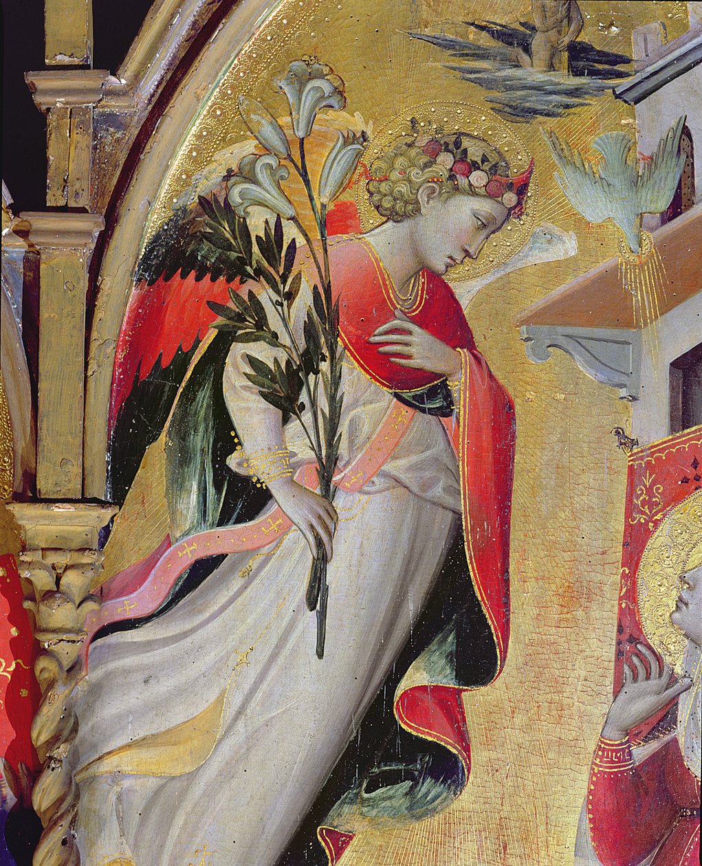 Gábriel arkangyal, részlet az Angyali üdvözlet SS Lawrence-szel, Benedekkel, Keresztelő Jánossal és Miklóssal, 1434 (tempera és aranylevél a panelen) alkotó: Giovanni dal Ponte