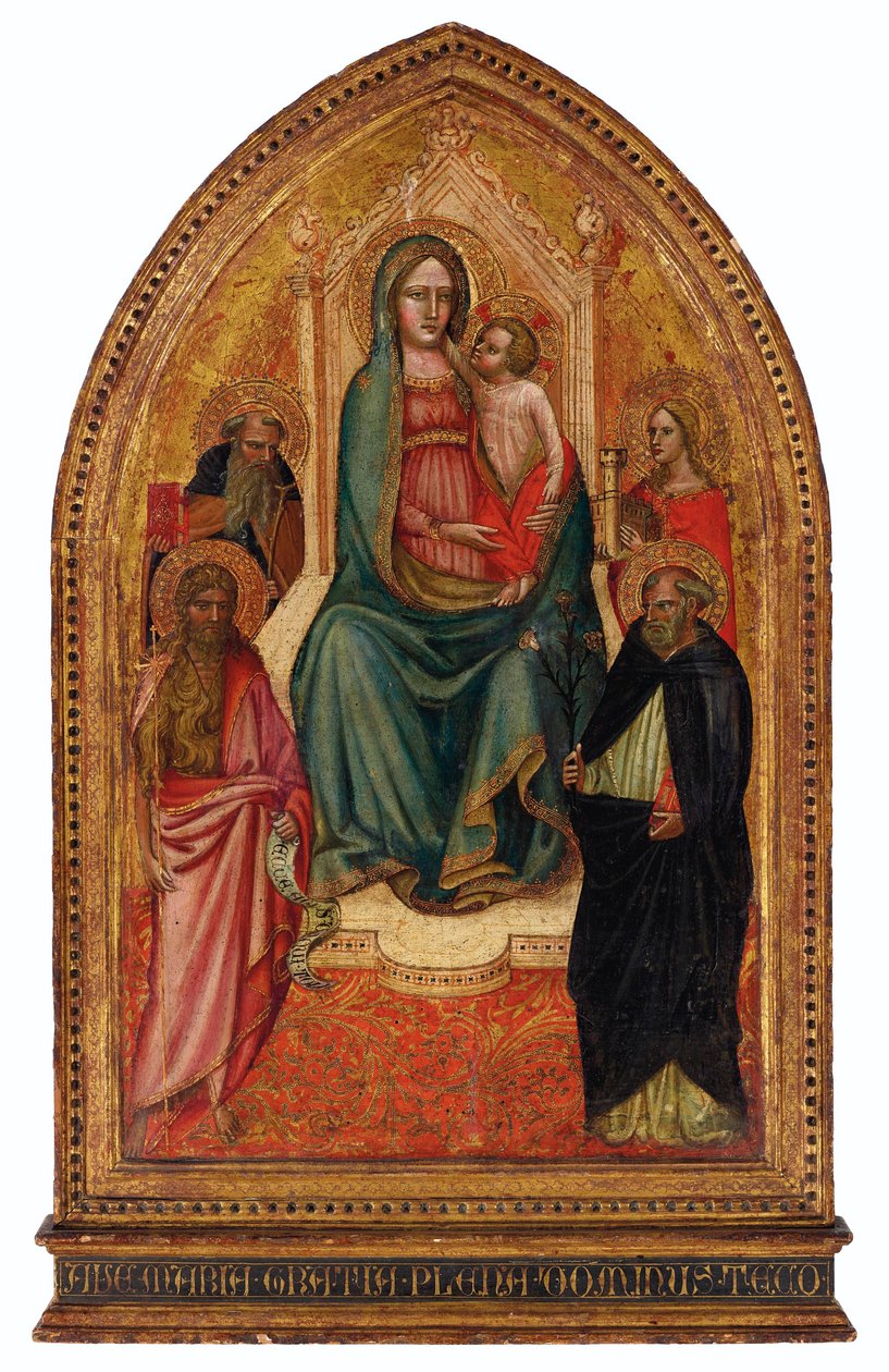 A Madonna és a gyermek trónol Szent Barbara, Domonkos, Keresztelő Szent János és Antal apát mellett. alkotó: Giovanni dal Ponte