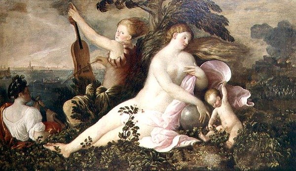 Egy velencei győzelem allegóriája, a központi alak a Szerencse vagy a véletlen, a természetet és a zenét szimbolizáló figurák kíséretében, 1518 körül. alkotó: Giovanni de Busi Cariani