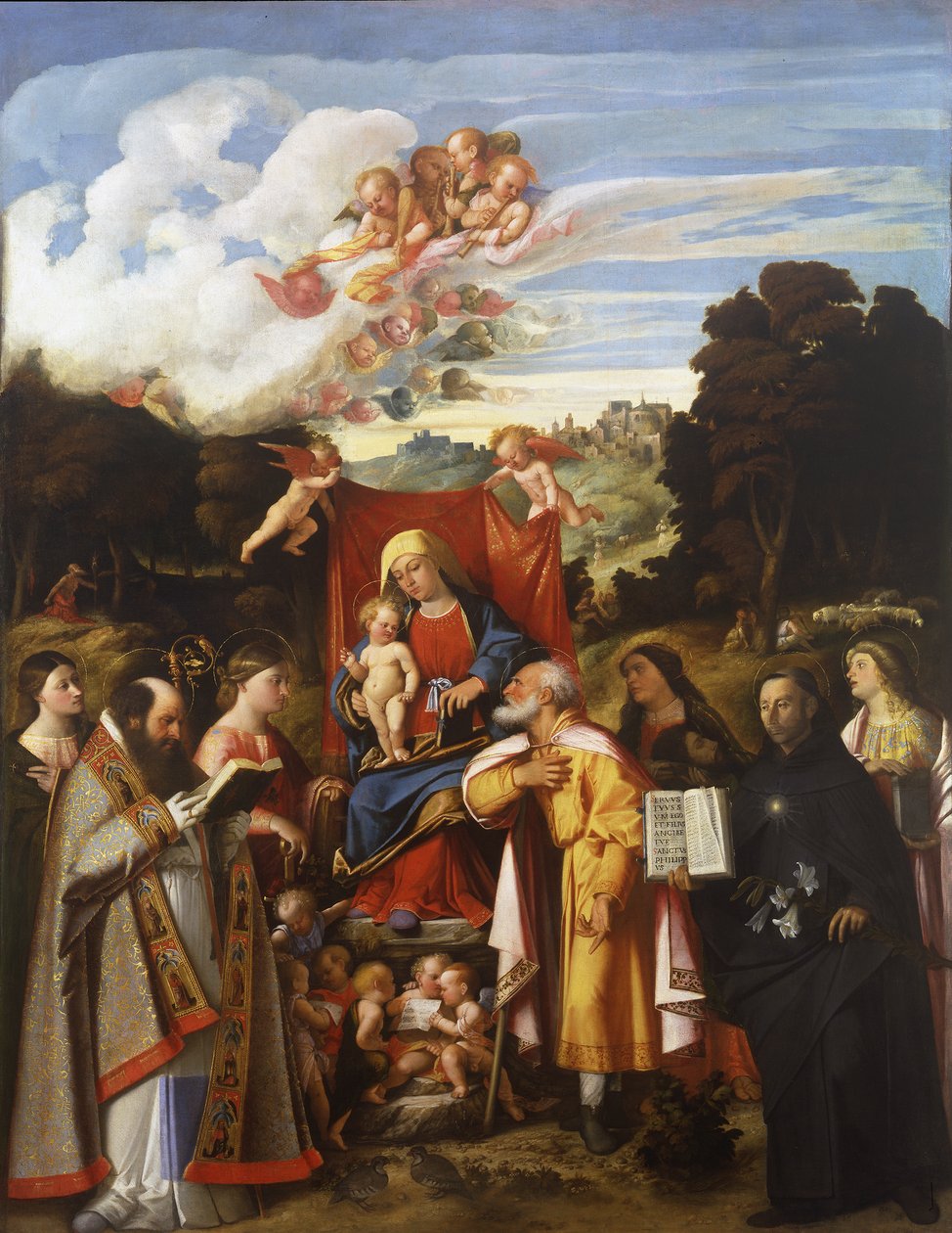 Madonna az angyalokkal, Szent Apollónia, Szent Ágoston, Szent Katalin, Szent József, Szent Gráta, Benizzi Szent Fülöp és Szent Borbála (Szent Gotthárd oltárkép) alkotó: Giovanni de Busi Cariani
