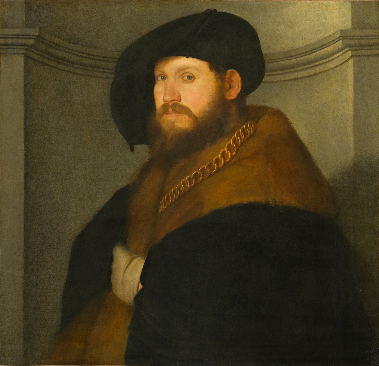 Aranyláncot viselő úriember portréja, 1525-1530 körül (olaj, vászon) alkotó: Giovanni de Busi Cariani