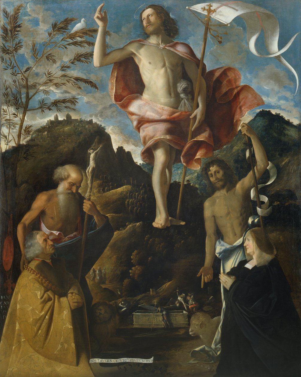 Krisztus feltámadása, St. Louis, MO Jerome, St. Louis Keresztelő János és az adományozók Ottaviano és Domitilla Vimercati az imában alkotó: Giovanni de Busi Cariani